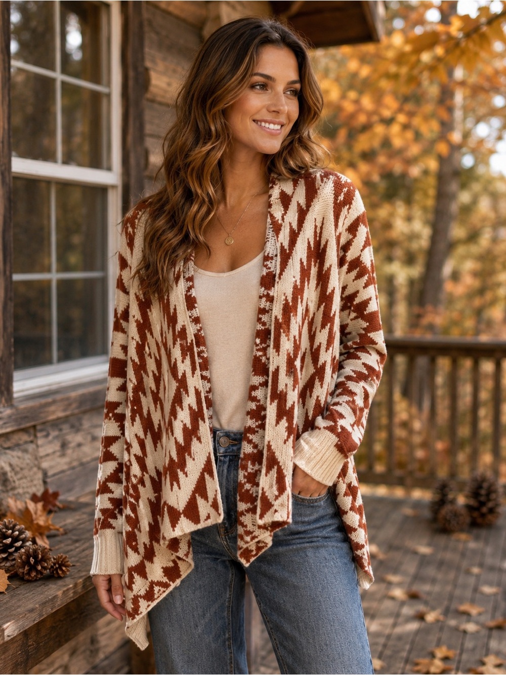 Angie Geometric Cardigan - Cream and Brown